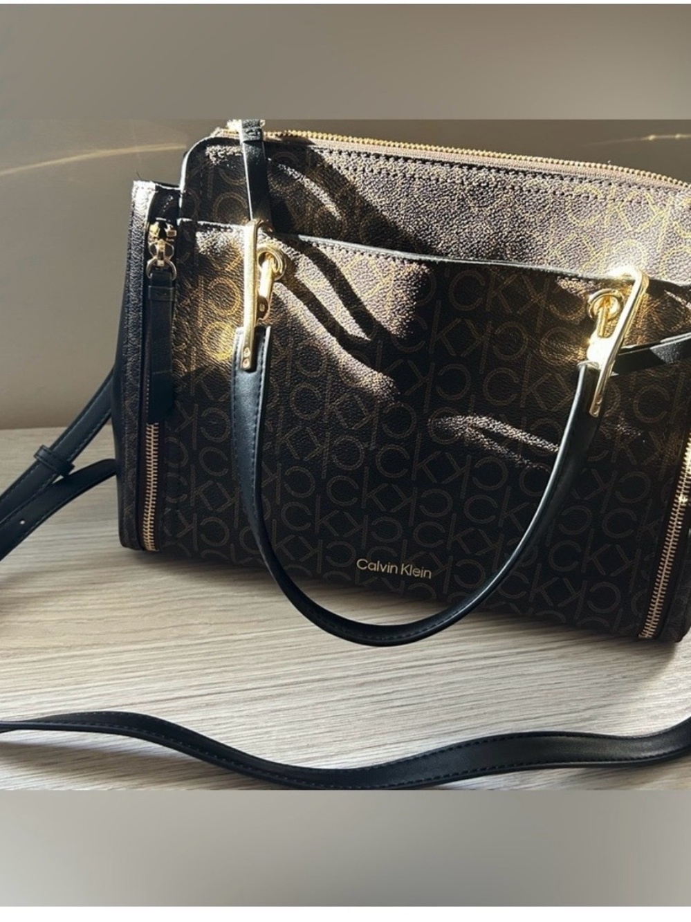 Calvin Klein Brown and Black Signature Satchel with Gold Hardware